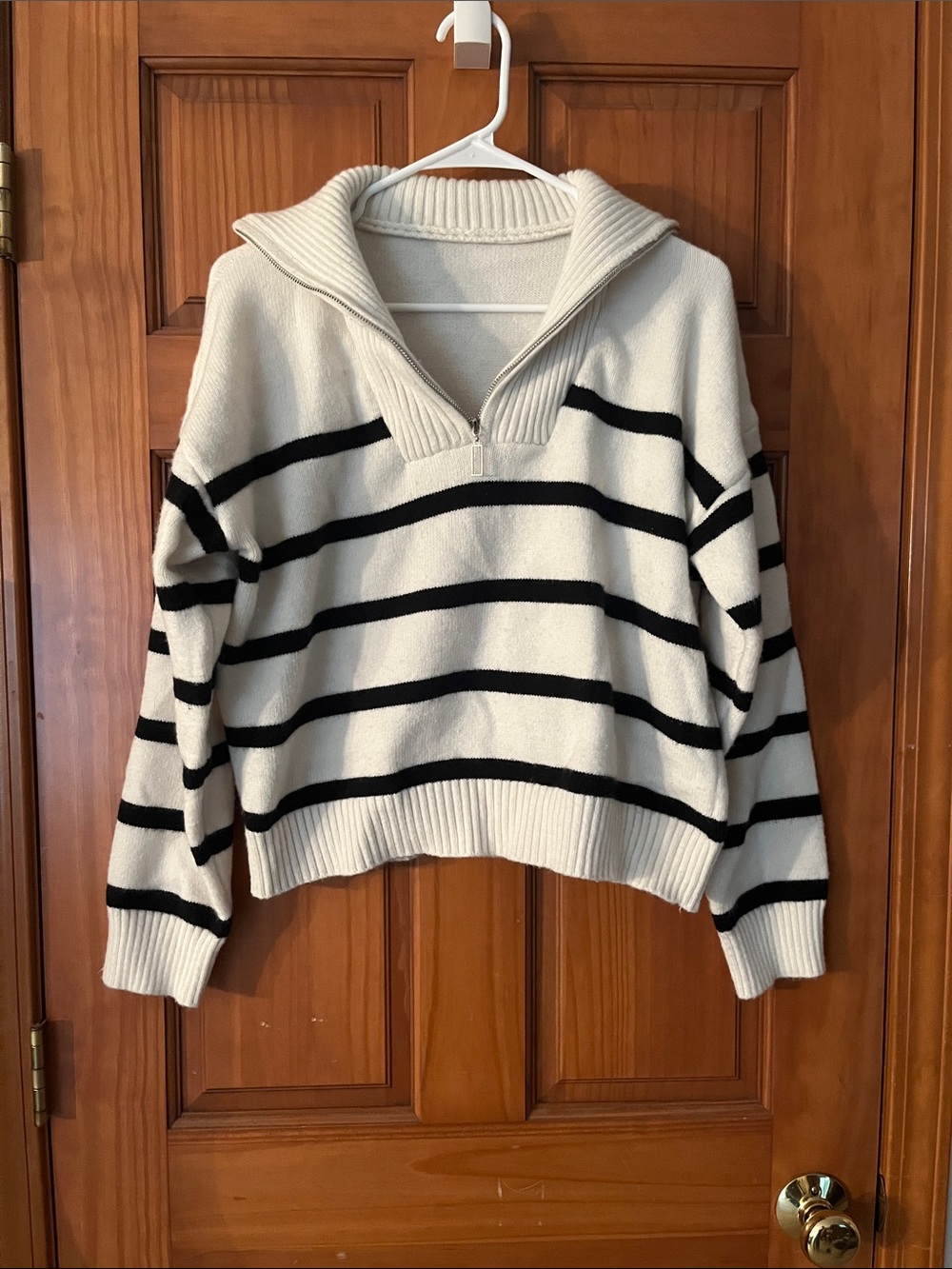 Striped Half-Zip Collar Sweater in Cream and Black
